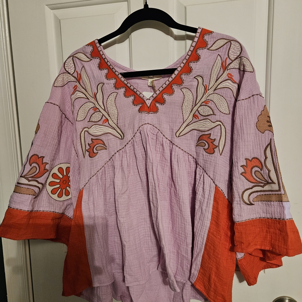Easel V-Neck Embroidered Blouse - Lavender and Orange